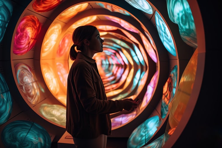 Une jeune femme interagit avec une œuvre d’art interactif lumineuse.