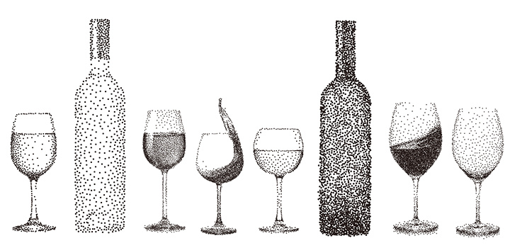 Dessin à l'encre de bouteilles de vin en pointillisme