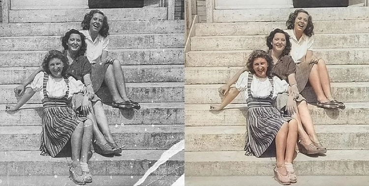 Photographie en noir et blanc d’un groupe de femmes assises sur des marches en pierre jouxtant la même photo colorisée