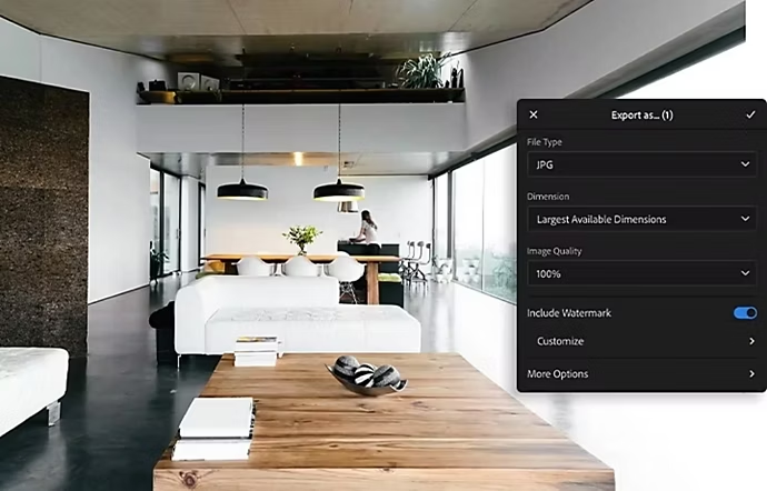 Écran « Exporter en tant que » d’Adobe Photoshop superposé à l’image d’une vaste pièce à vivre