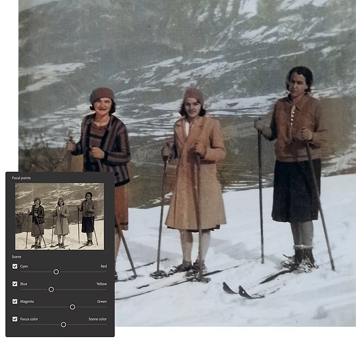 Fenêtre Points focaux d’Adobe Photoshop superposée à l’image de trois femmes posant debout dans la neige avec leur équipement de ski