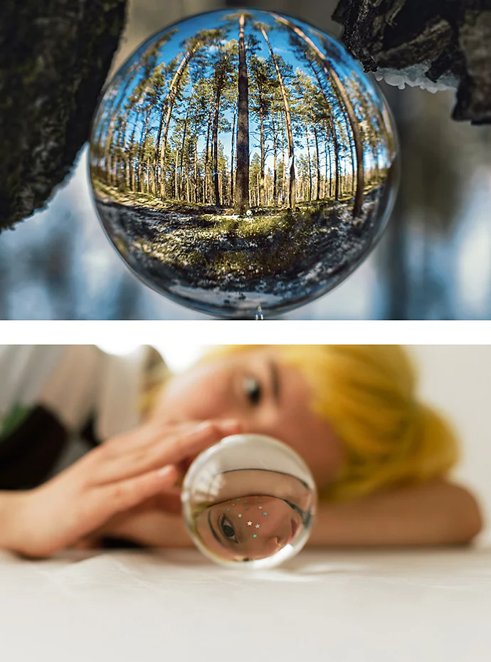 Two stacked photos: one of a lensball capturing a forest environment and one of a person lying down next to a lensball