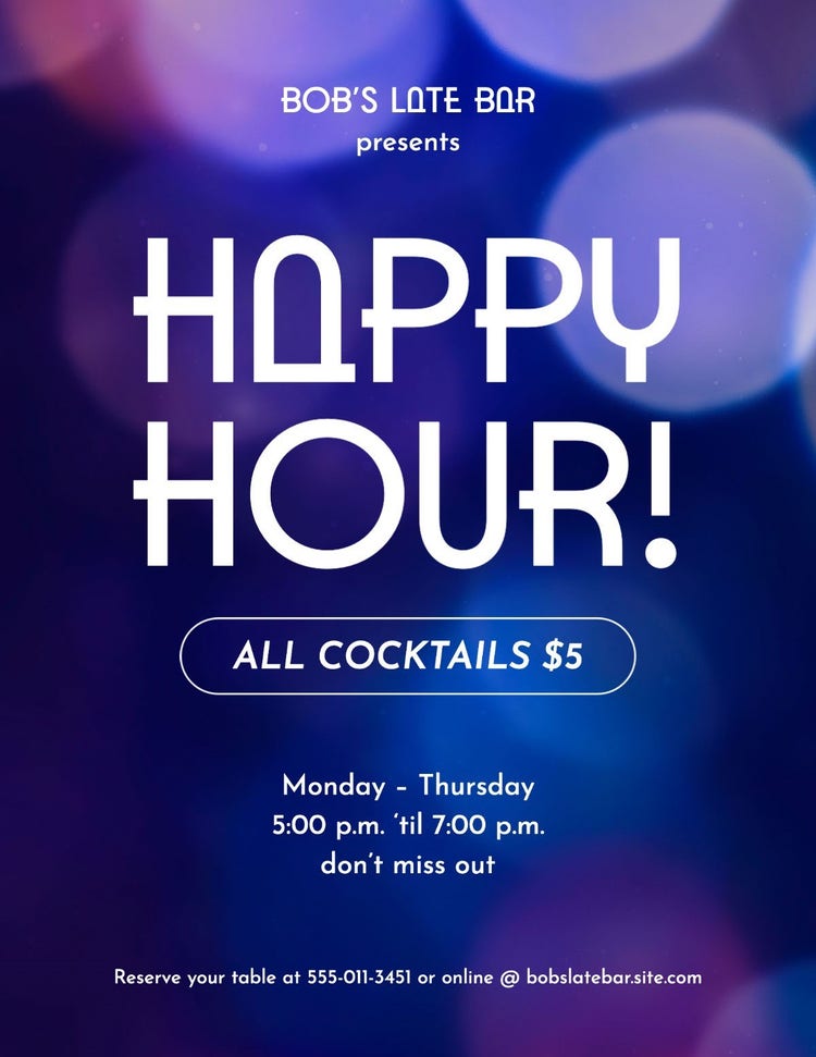 Purple Lights Happy Hour Flyer