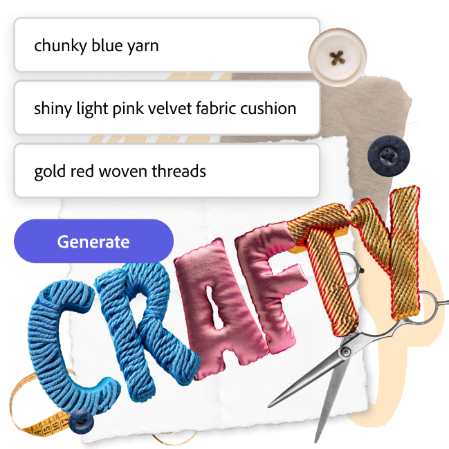 Collage with the word 'CRAFTY' in textured fabrics, scissors, and buttons. Includes a 'Generate' button and a list with craft materials.