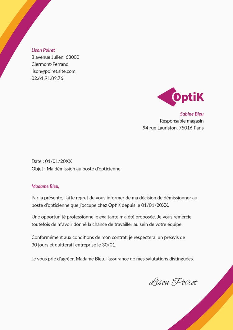 pink and yellow optician resignation letter