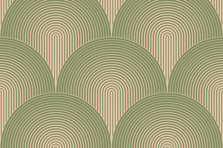 A repeating pattern graphic made of alternating tight green and tan colored concentric lines forming semi-circles.