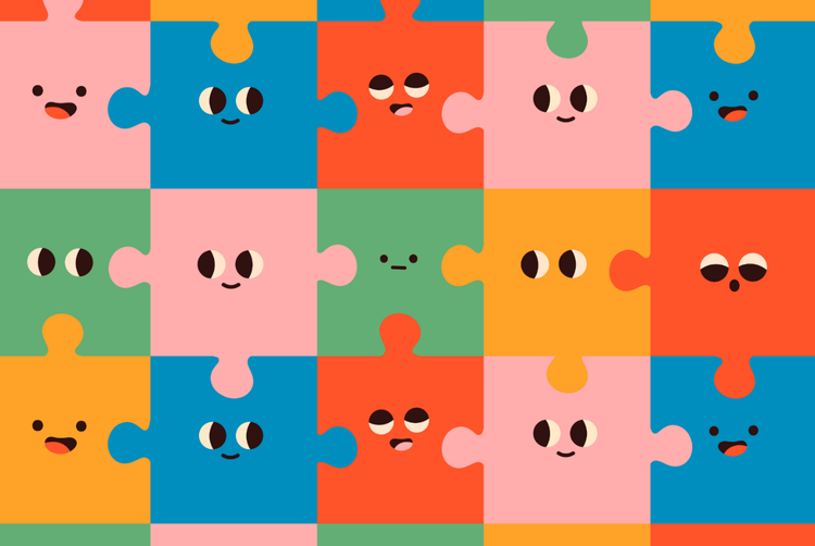 A puzzle pieces with different colored faces Description automatically generated