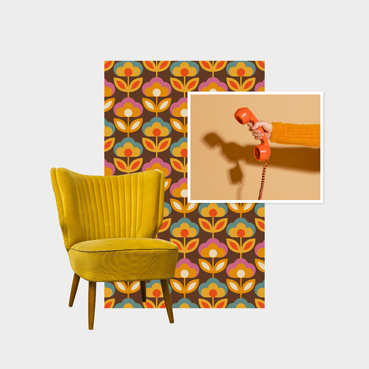 A yellow chair and a telephone Description automatically generated