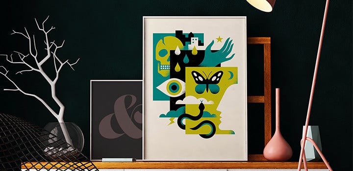 Abstract photo of framed digital illustrations and random objects on a shelf.