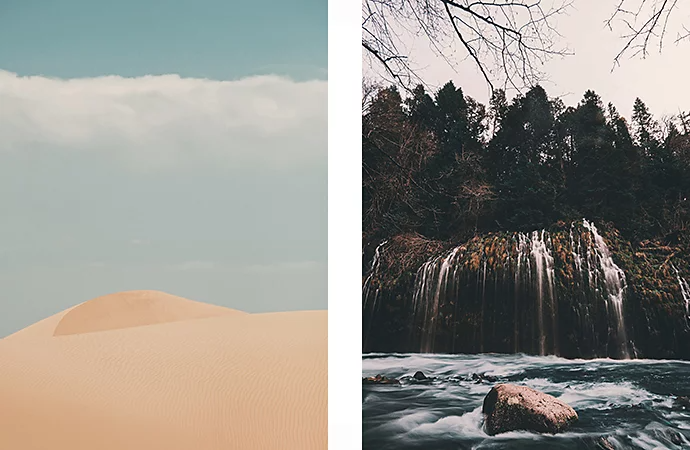 Two separate photos of outside landscapes side by side