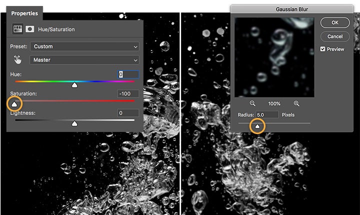 Apply a hue color saturation adjustment layer and Gaussian Blur to water layer in Adobe Photoshop