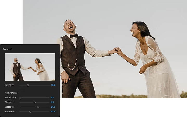 A photo of a newlywed couple outside and the Adobe Premiere Pro Creative toolbox superimposed over it