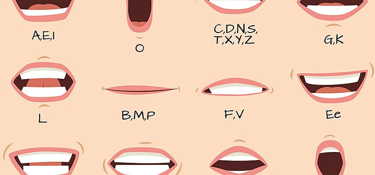 Cartoon mouths depicting letter being said as a reference guide for animating speech in characters