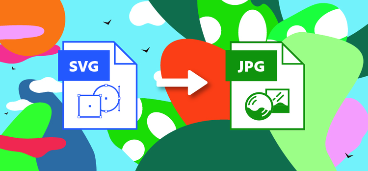 A graphic of an SVG file icon and JPG file icon over a colourful background