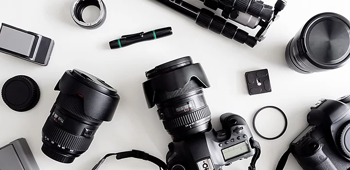 Overhead shot of professional camera equipment