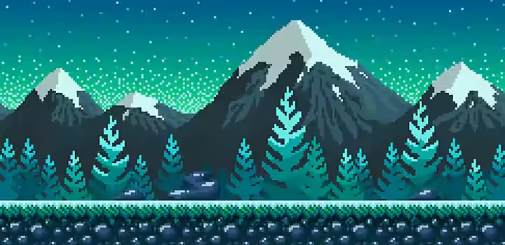 Bit graphics style illustration of rock wall, trees, mountains and starry sky