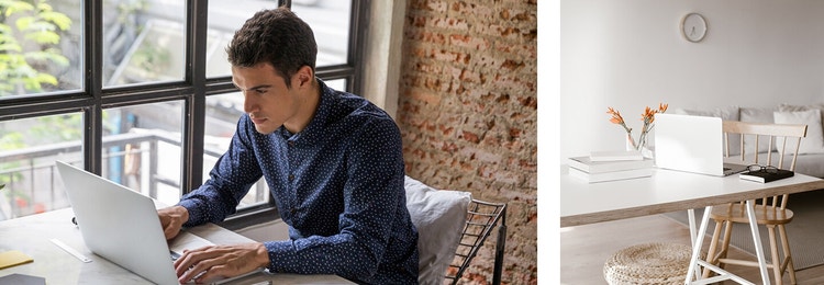 Two photos: A photo of a person working on a data protection agreement at their desk next to a photo of a staged home office