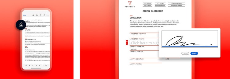 A graphic of a house rental agreement on a mobile phone next to a graphic of signing a house rental agreement on a tablet device using Adobe Sign