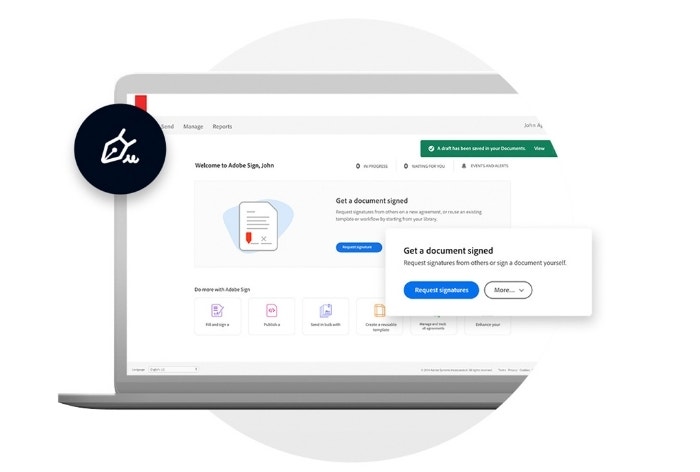 The homepage of Adobe Acrobat Sign is mocked up on a laptop with a tool window and icon overlaid