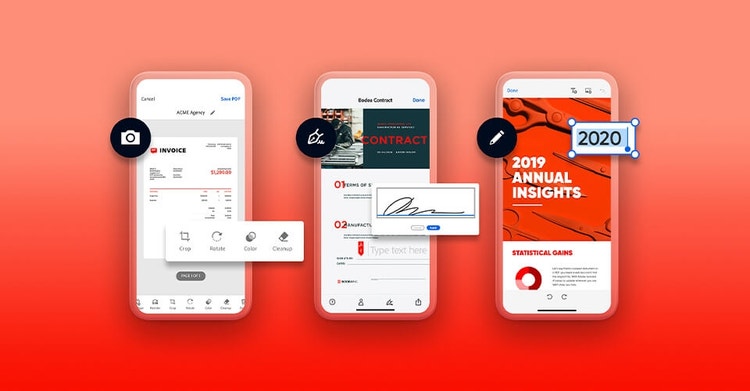 A graphic of three mobile phone devices side by side showcasing different features of editing a document