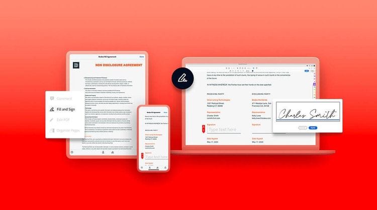 A confidentiality agreement being viewed across a tablet, mobile phone, and laptop using Adobe Sign