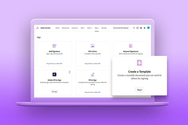 A laptop with Adobe Acrobat DC open and reviewing Adobe Sign features