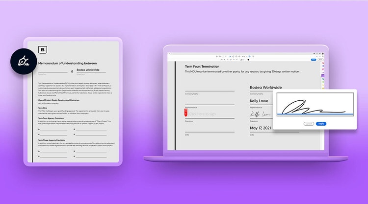 A memorandum of understanding being viewed across a tablet and laptop using Adobe Sign