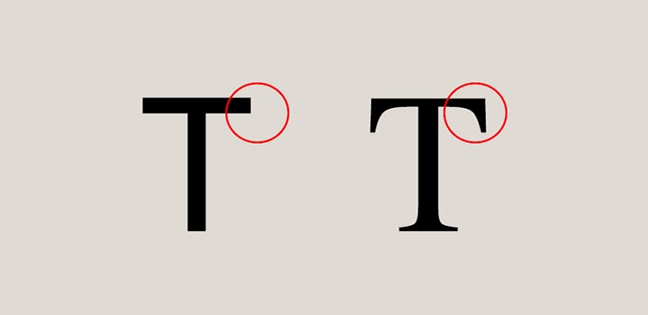 使用襯線和無襯線字型的大寫「T」字母。