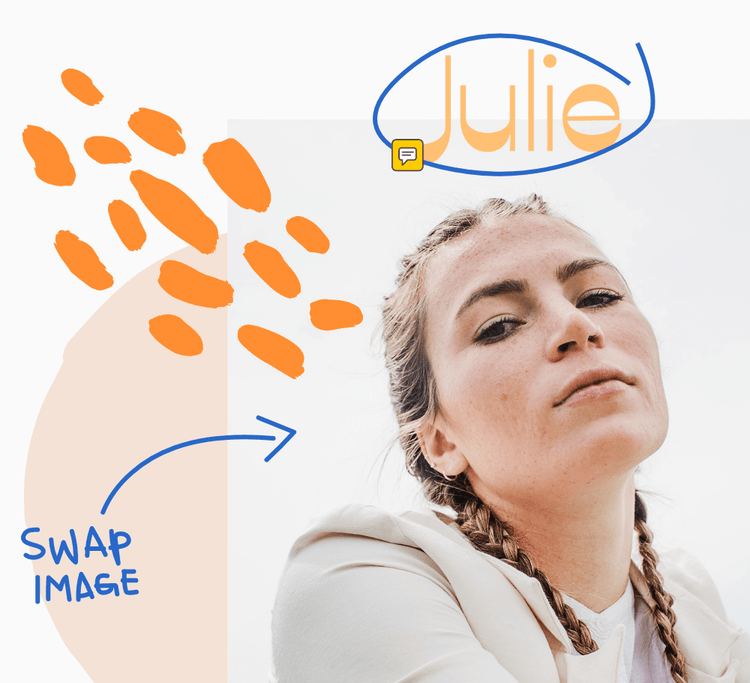 An image of a person with a small comment icon showing comments being made. Text is written saying "Julie" and "Swap image" with an arrow pointing to the image