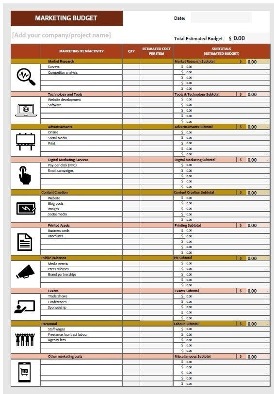 Screenshot of free Marketing Budget Template cover page.