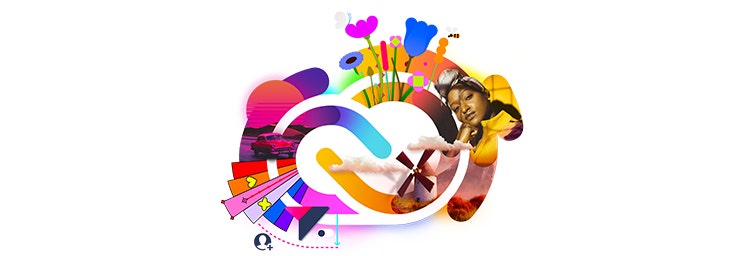 Creative Cloud logo with various illustrations coming from the center