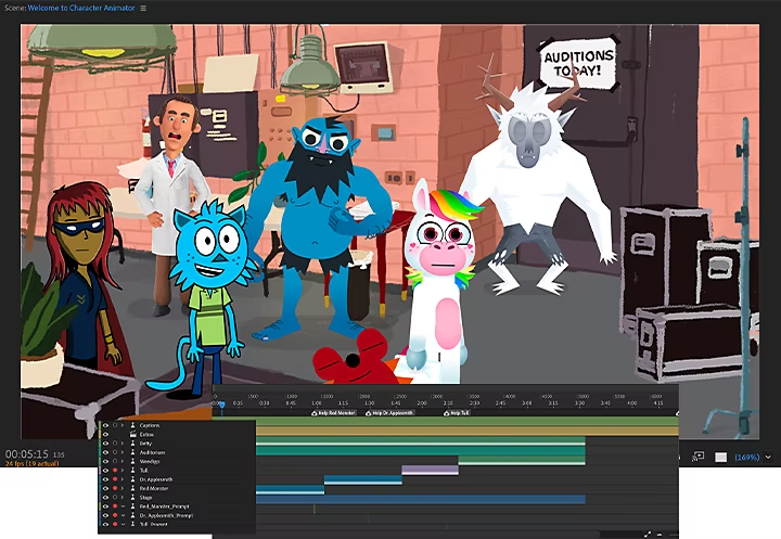Multiple cartoon characters being animated in Adobe Character Animator