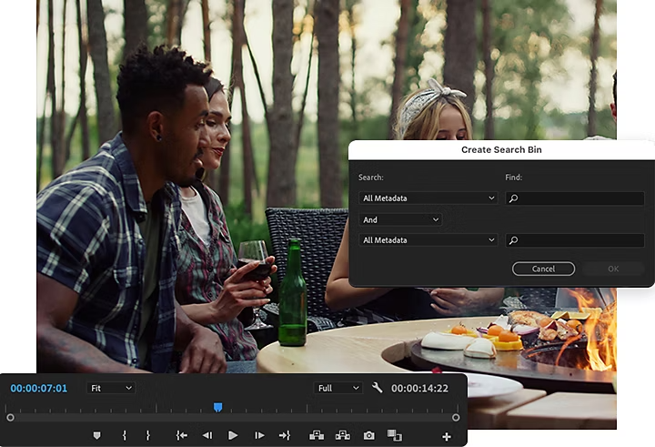 The Adobe Premiere Pro Create Search Bin and Video Timeline panel superimposed over an image of people sitting around a fire outside