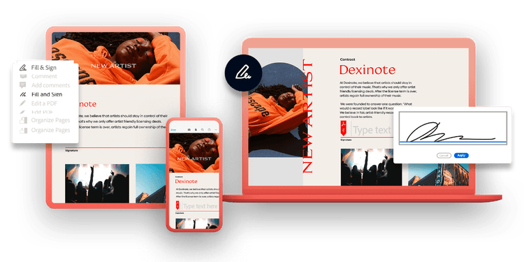 Dokumen PDF pada tablet, ponsel, dan perangkat desktop, dengan pop-up menampilkan alat Acrobat Fill & Sign digunakan pada tablet dan tanda tangan ditambahkan ke desktop