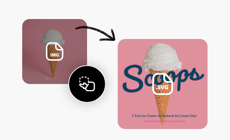 Icons and an image displayed twice. It features an ice-cream. The first is labeled IMG and the second, SVG.