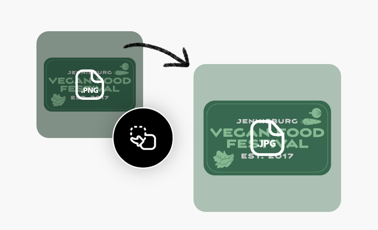 Icons and a vegan food festival banner displayed twice. One is labeled PNG and the second, JPG.