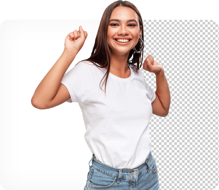 A person smiling and posing. The right side of the image's background was removed and it is transparent.