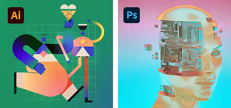 A side-by-side image of graphic created in Illustrator and graphic created in Photoshop.