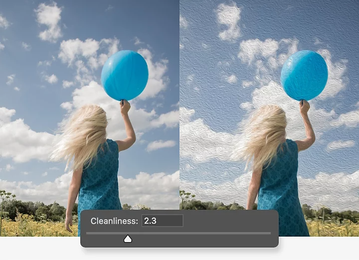 Cleanliness setting superimposed on a photo of a person holding a balloon, and the photo has been turned into an oil-style painting.