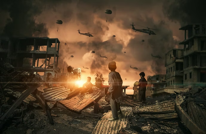 Kids sitting in a destroyed street with military helicopters flying in the background