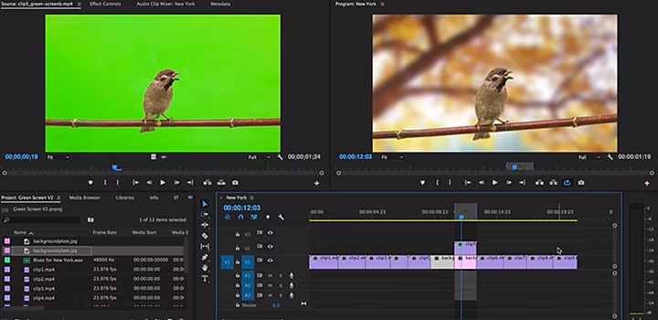 Replacing a green screen background in a digital video editing programme