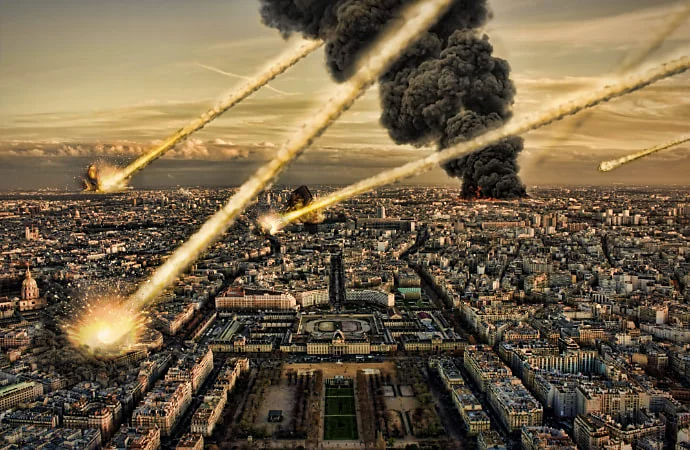 An aerial view of numerous asteroids crashing into a city