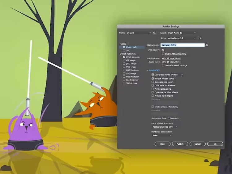 Screenshot of Adobe Animate being used to edit cartoon characters.