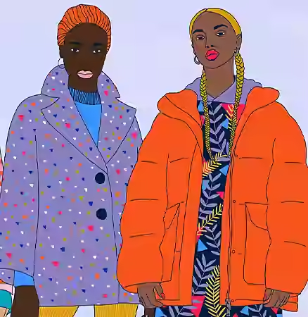 Drawing of two people posing with colorful outfits