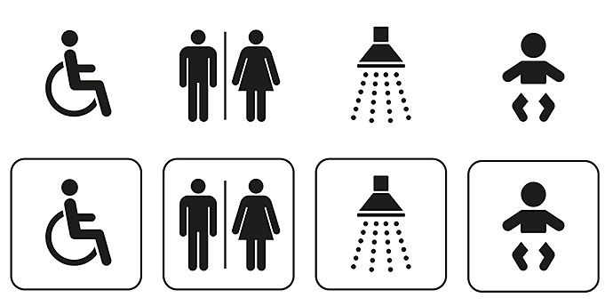 Handicap, male/female bathroom, shower, and baby changing symbols