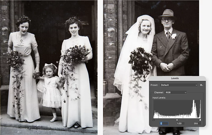 Levels panel superimposed on two black-and-white wedding photos. The photo's shadows have been adjusted.