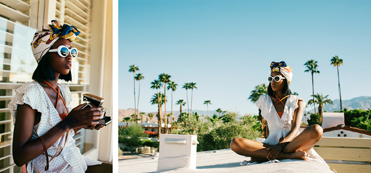 A portrait oriented photo of a person leaning against a window on a house rooftop next to a landscape oriented photo of a person sitting on a towel in the sun on the rooftop