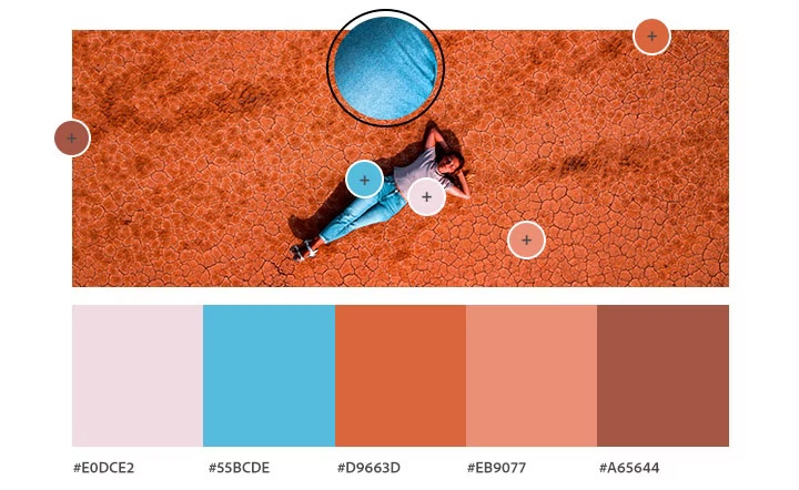 Person lying in the desert, viewed from above, with color palette indicators and swatches taken from the image shown below