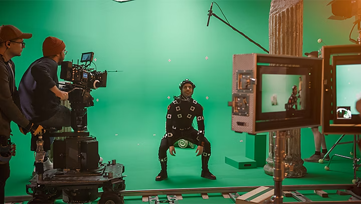 Motion capture actor being filmed in a visual effects studio