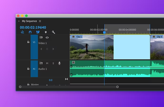 Interface of Adobe Premiere Pro with one video layer and two audio layers.